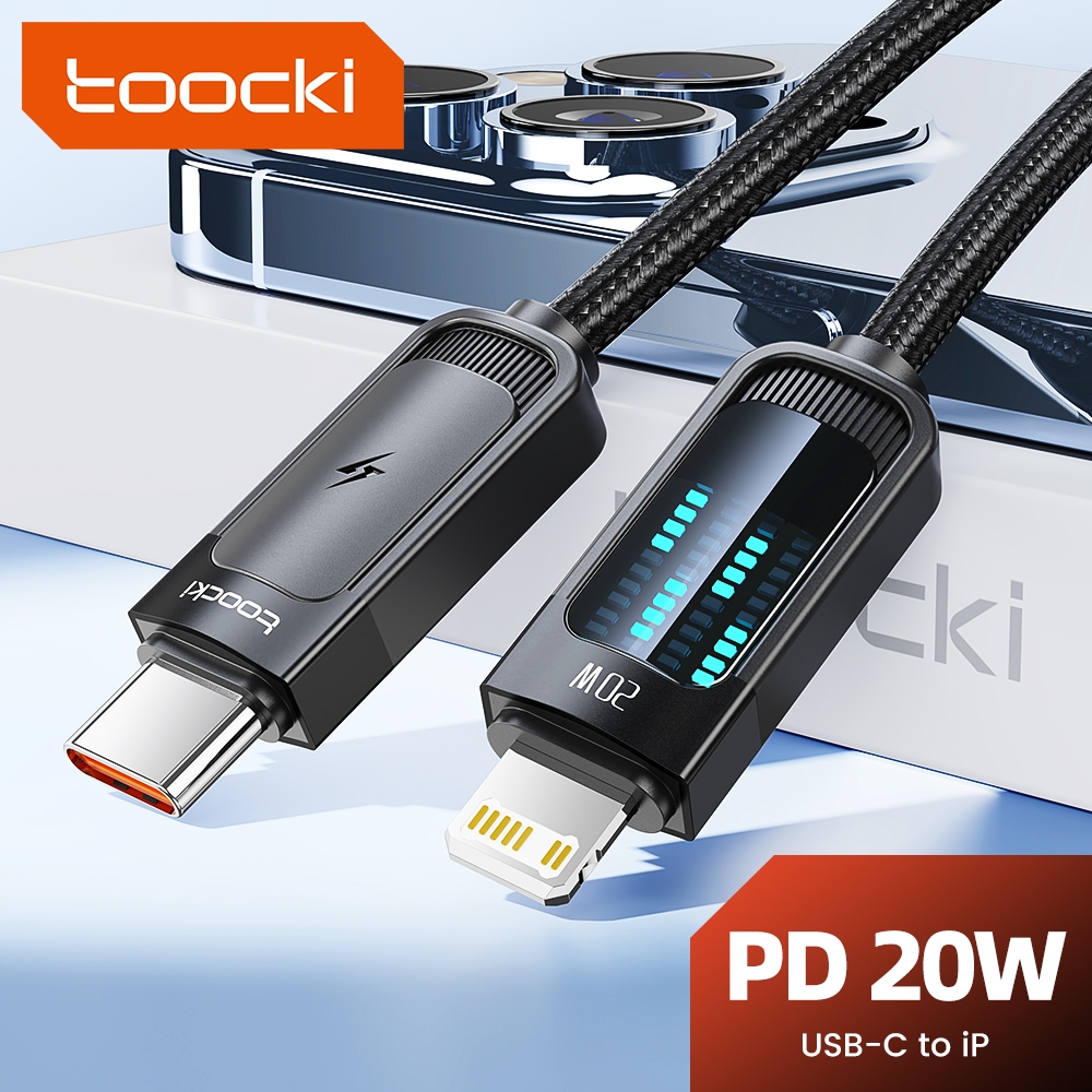 Toocki PD 20W USB C ถึง lOS สายเคเบิลข้อมูลแบบถัก USB C ถึง lOS Fast Charging สายไฟพร้อมจอแสดงผลแสงพิเศษแฟลชสายชาร์จ