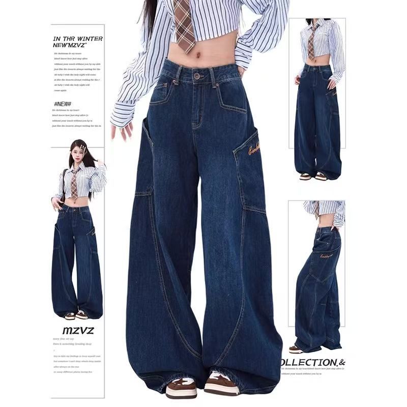 ใหม่ American INS High Street Retro กางเกงยีนส์เอวต่ําหลวมขากว้าง ,ขนาดใหญ่