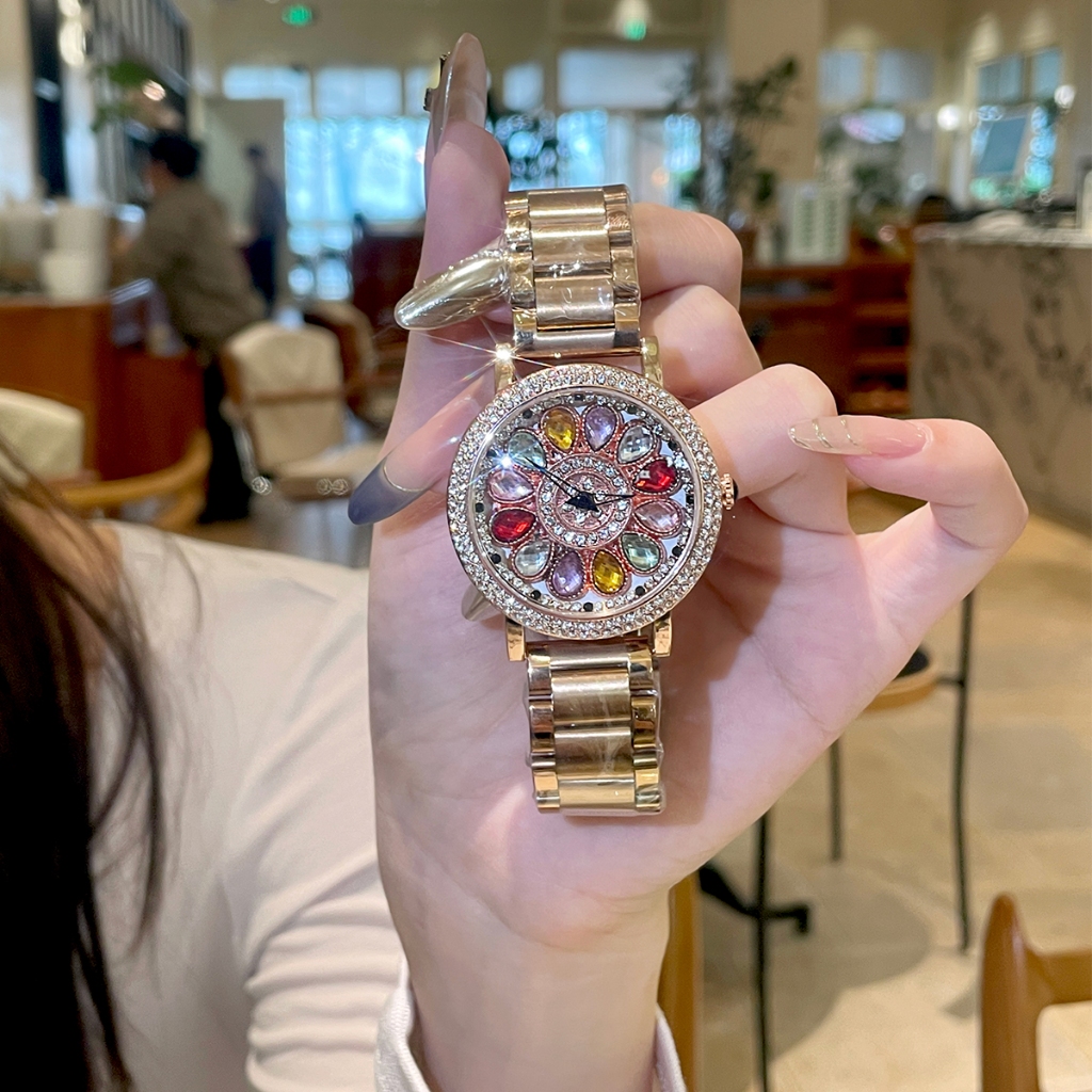 CILOA 1ชิ้นสุภาพสตรีแฟชั่นของผู้หญิงมูลค่าสูงหน้าปัดที่มีสีสันหมุนได้สแตนเลส/สายหนังวัวนาฬิกาควอทซ์กันน้ํา6999