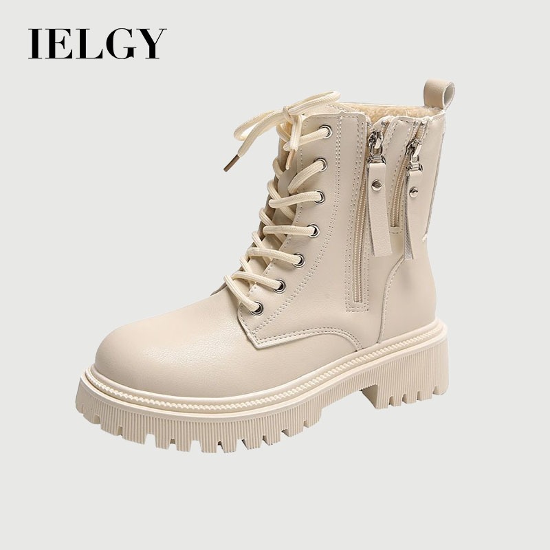 IELGY รองเท้าบู๊ทมาร์ตินสไตล์อังกฤษของผู้หญิงทุกการแข่งขันพื้นหนาบวกกํามะหยี่อบอุ่นรองเท้าสั้น