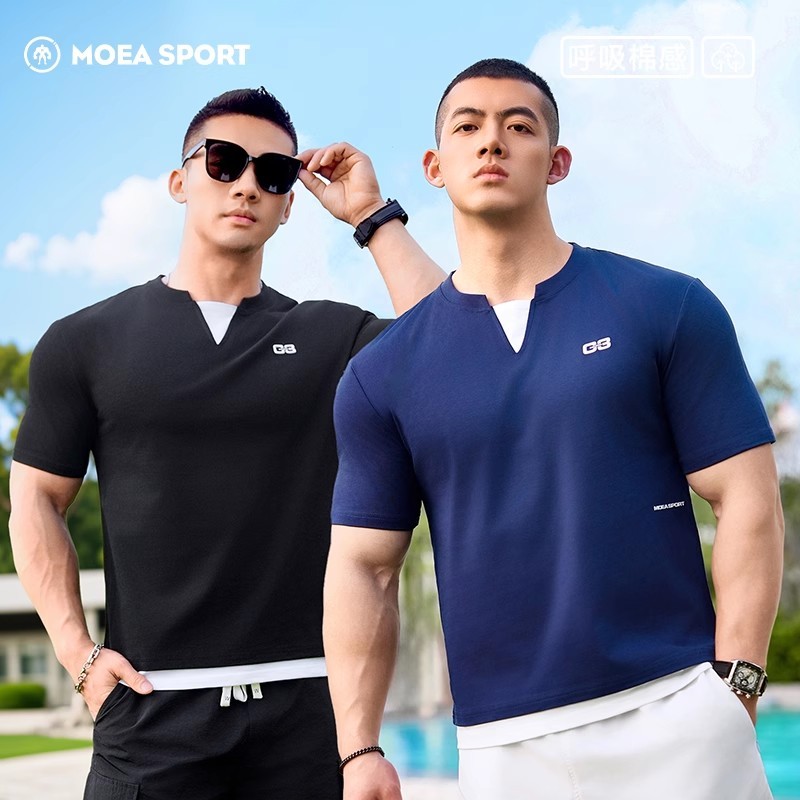 MOEA SPORT| กีฬาแขนสั้นผู้ชายฤดูร้อนผ้าฝ้ายชั้นฟิตเนสกล้ามเนื้อการฝึกอบรมสบายๆวิ่งเสื้อยืดครึ่งแขน