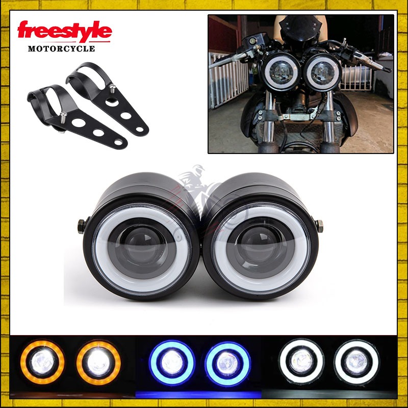 Retro รถจักรยานยนต์ LED ไฟหน้า Halo-Angel Eye Moto Dual Head Light Hi/Lo Beam Running Light Universa