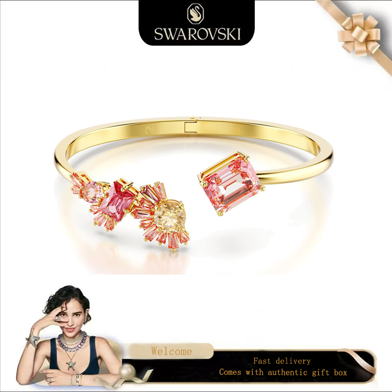 SWAROVSKI สวารอฟสกี้ (ใหม่) สร้อยข้อมือสุภาพสตรีแฟชั่น สร้อยข้อมือ ชุบทองผสมตัดสีชมพูคริสตัลสร้อยข้อมือพลอยของขวัญวันวาเลนไทน์ของขวัญวัน