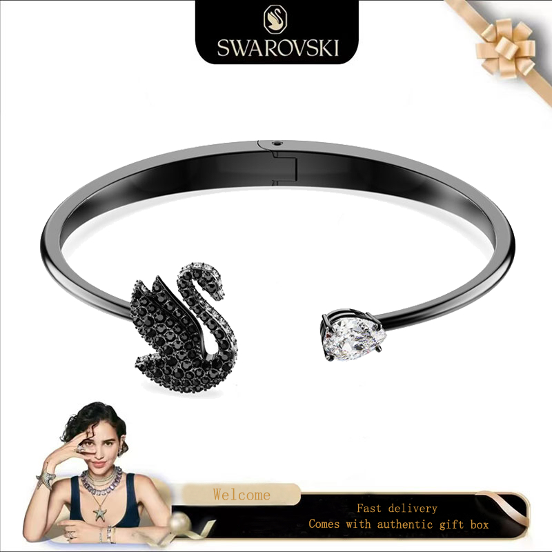 SWAROVSKI สวารอฟสกี้ (ใหม่) แฟชั่นสุภาพสตรีสร้อยข้อมือสร้อยข้อมือ รูเธเนียม ชุบหงส์คริสตัลสีดําพลอยสวารอฟสกี้สัญลักษณ์หงส์สร้อยข้อมือสร้อยข้อมือของขวัญวันวา