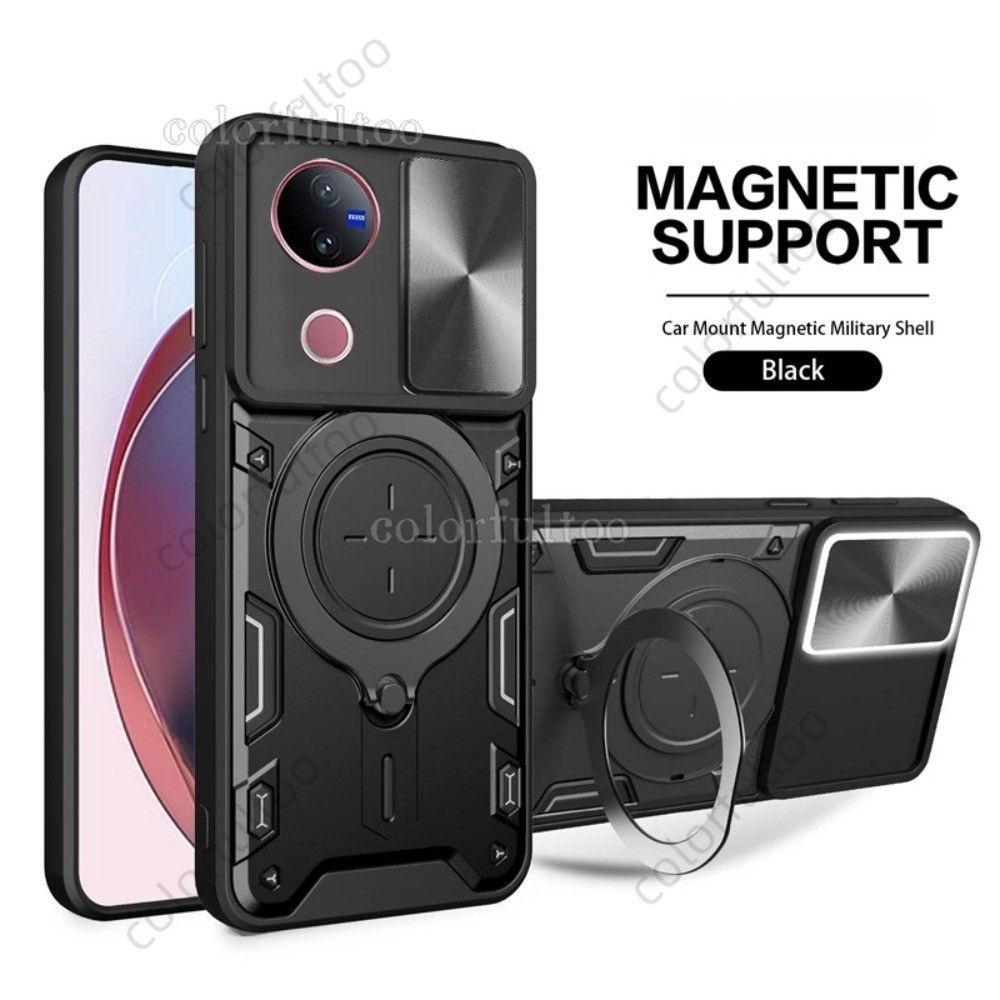 แม่เหล็กรถผู้ถือแหวนสําหรับVivo V60 V50 5G V50 Lite V 50 VivoV50 4G 5G 2025 หรูหราเกราะกันกระแทกปลอกAnti-Fallกันชนสไลด์กดกล้องป้องกันปกหลังกรณีแข็ง