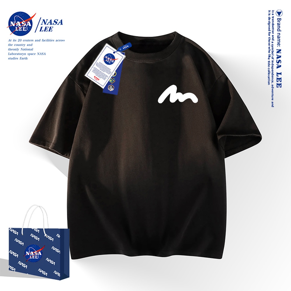 NASA เสื้อยืดแขนสั้นผ้าคอตตอน 100% สไตล์อเมริกัน สำหรับทั้งชายและหญิง แบบเรียบง่ายลายคลื่น