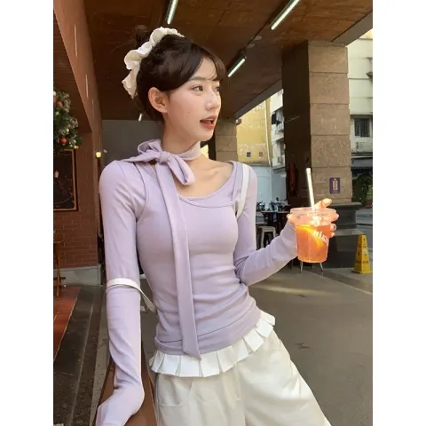 【BANKO】สไตล์บัลเล่ต์ฤดูใบไม้ผลิของผู้หญิงสลิมฟิตสีม่วงปลอมสองชิ้นลูกไม้ขึ้นแขนยาว