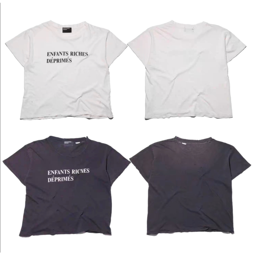 Erd vibe 23Fw Melanchon Fu รุ่นที่สองล้าง Distressed Destruction สโลแกนรอบคอแขนสั้น