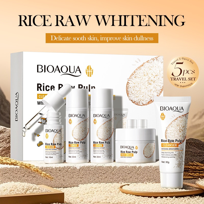 [ขายร้อน] BIOAQUA Rice Raw Pulp Whitening Skincare Travel Set Cleanser/Toner/Lotion/Serum/Cream 5 ชิ้นชุดทดลอง