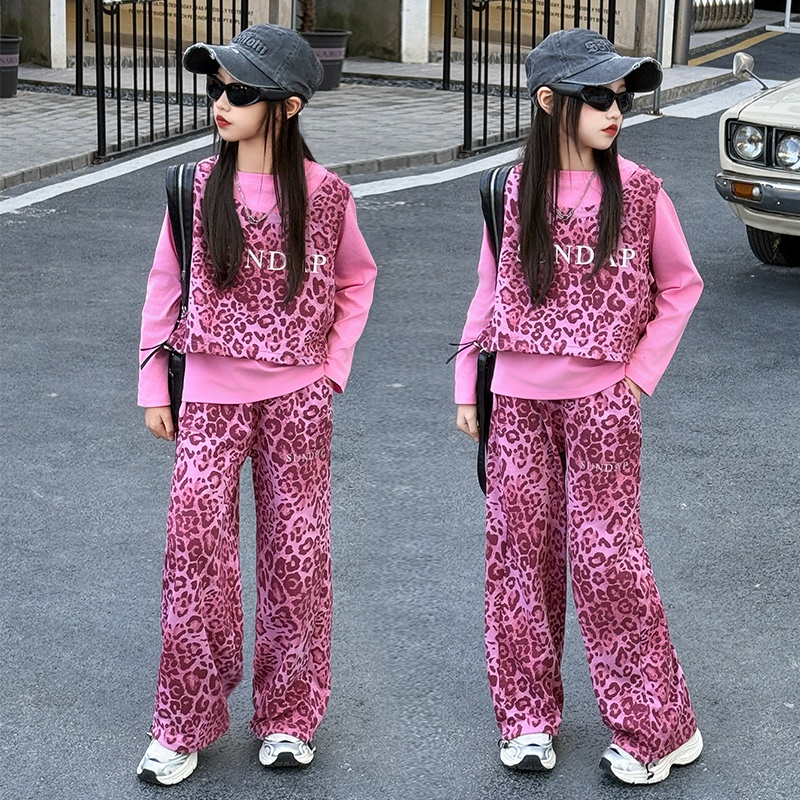 3-14 ปีชุดเด็กผู้หญิงชุดเด็กชุดเด็กขนาดกลางขนาดใหญ่เด็กชุดฤดูใบไม้ผลิสาวแฟชั่นเสือดาวพิมพ์เสื้อกั๊ก กางเกงวอร์ม ลําลองฤดูใบไม้ผลิสวมใส่สาม-