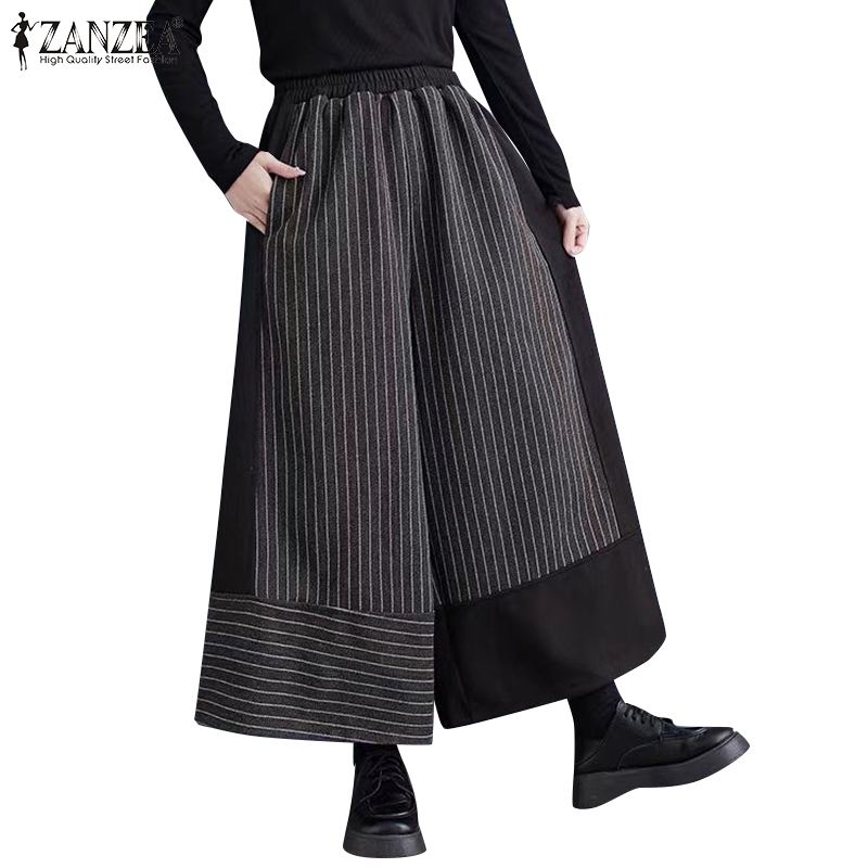 ZANZEA ใส่ ซานเซีย ผู้หญิงแฟชั่นเกาหลีถนนเย็บปะติดปะต่อกันลายหลวมขากว้างธรรมดากางเกง