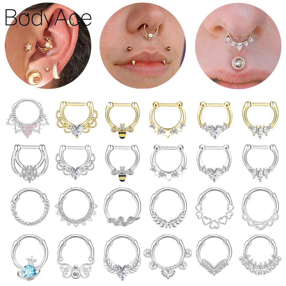 Bodyace 1 PC 8/10 มม.ทองแดง/สแตนเลสเจาะจมูก Clicker CZ บานพับ Segment Septum แหวน Bee Snake Shape หู Helix Daith เจาะต่างหู