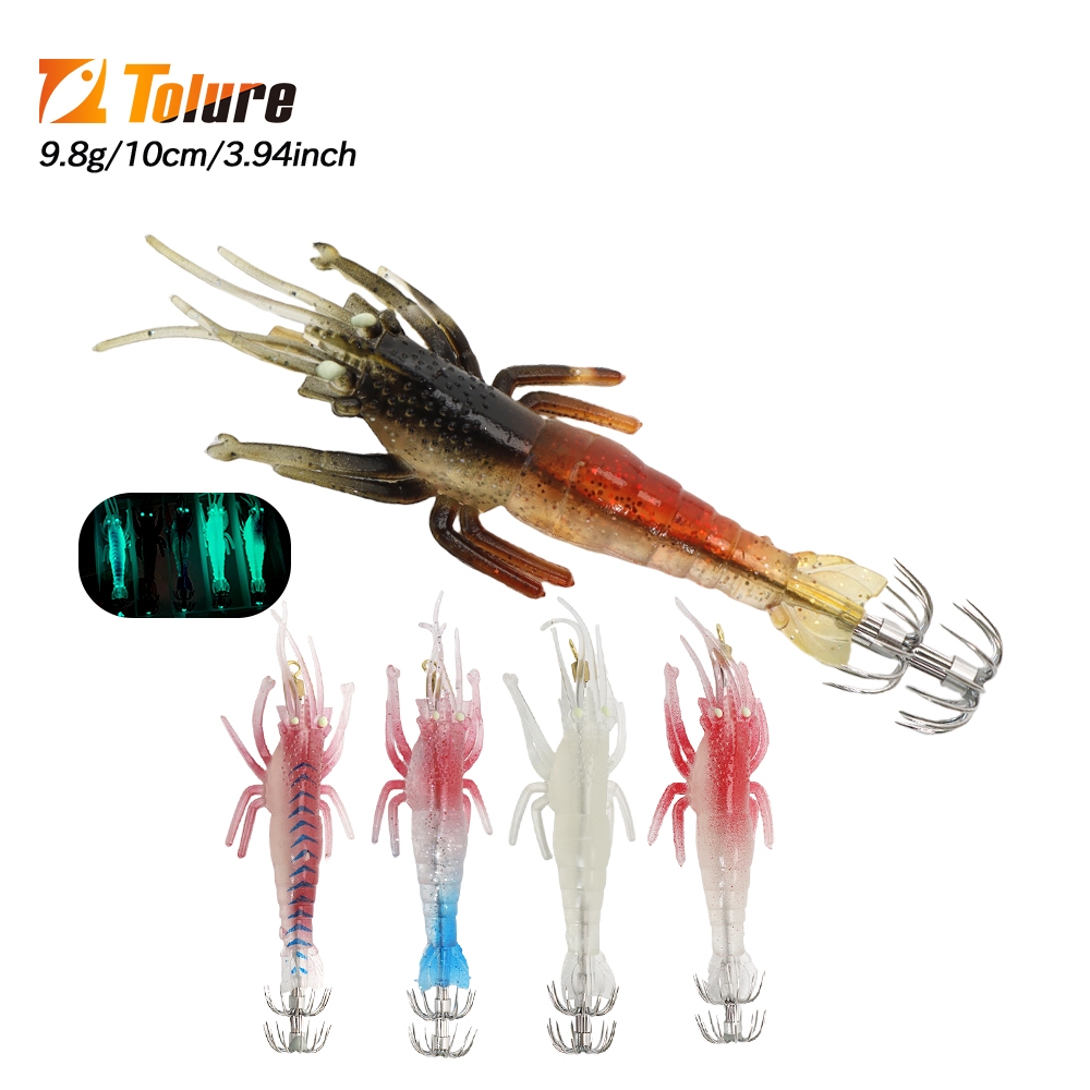 Tolure ใหม่กุ้งเรืองแสง Lure 9.8g/10 ซม.ตกปลาเหยื่ออ่อนพร้อมตะขอร่มสําหรับ Squid & Octopus ทนทาน Seawater Fishing Lure 1 ชิ้น/5 ชิ้น