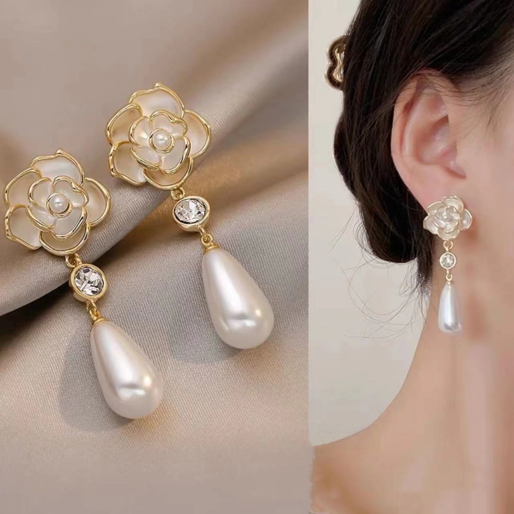 ต่างหูห้อยผู้หญิง ต่างหูดอกไม้มุก Anti-Allergy Jewellery ต่างหูผู้หญิงระดับพรีเมียม