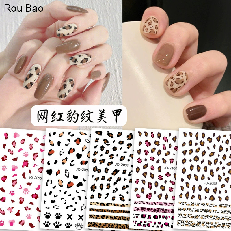 Rou Bao เล็บเสือดาวพิมพ์สติกเกอร์สีน้ําตาลสีชมพูสีฟ้า 6 สีด้านหลังกาวเล็บ Art DIY ตกแต่ง