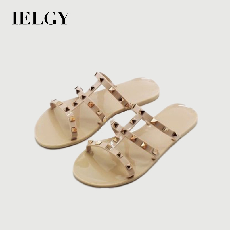 IELGY ใหม่ Studded Crystal Slipper Jelly รองเท้าแตะผู้หญิงรองเท้าส้นเตี้ย