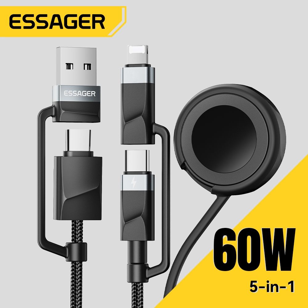 Essager 5 in 1 USB-A/Type-C ถึง Micro/ iPh/ Type-C/ip Watch สายชาร์จเร็วเข้ากันได้กับพอร์ตชาร์จโทรศัพท์มือถือ