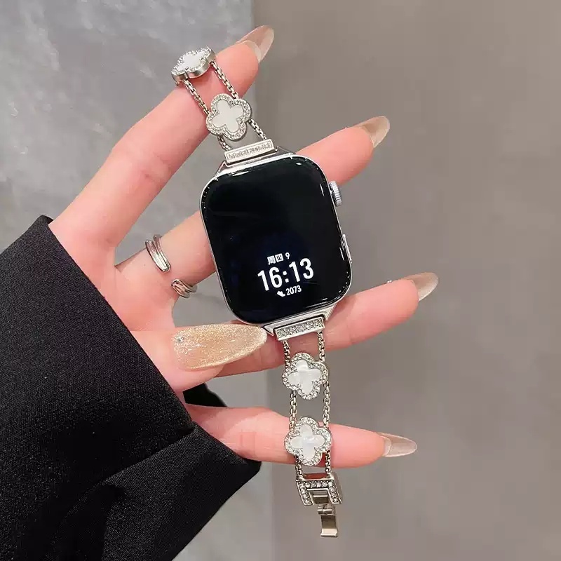 (10 สี) ชุดโคลเวอร์สี่ใบพร้อมสายเพชรสําหรับนาฬิกา Series 10 9 8 7 6 SE 5 4 3 2 1 Ultra2/Ultra สําหรับ I-Watch ขนาด 42/46/38/40/41/42/44/45/49 มม.อุปกรณ์เสริมสมาร์ทวอทช์