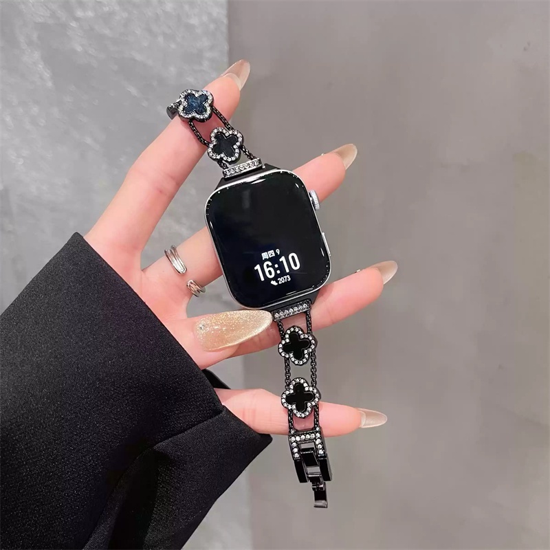 (10 สี) ชุดโคลเวอร์สี่ใบพร้อมสายเพชรสําหรับนาฬิกา Series 10 9 8 7 6 SE 5 4 3 2 1 Ultra2/Ultra สําหรับ I-Watch ขนาด 42/46/38/40/41/42/44/45/49 มม.อุปกรณ์เสริมสมาร์ทวอทช์