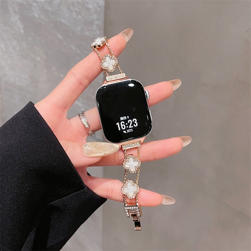 (10 สี) ชุดโคลเวอร์สี่ใบพร้อมสายเพชรสําหรับนาฬิกา Series 10 9 8 7 6 SE 5 4 3 2 1 Ultra2/Ultra สําหรับ I-Watch ขนาด 42/46/38/40/41/42/44/45/49 มม.อุปกรณ์เสริมสมาร์ทวอทช์