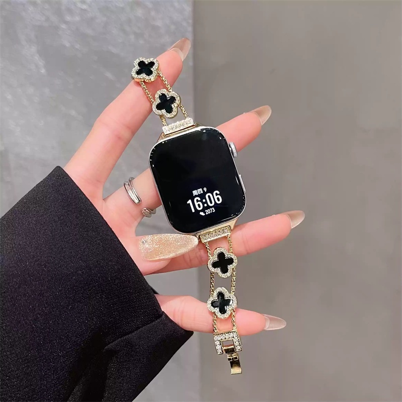 (10 สี) ชุดโคลเวอร์สี่ใบพร้อมสายเพชรสําหรับนาฬิกา Series 10 9 8 7 6 SE 5 4 3 2 1 Ultra2/Ultra สําหรับ I-Watch ขนาด 42/46/38/40/41/42/44/45/49 มม.อุปกรณ์เสริมสมาร์ทวอทช์