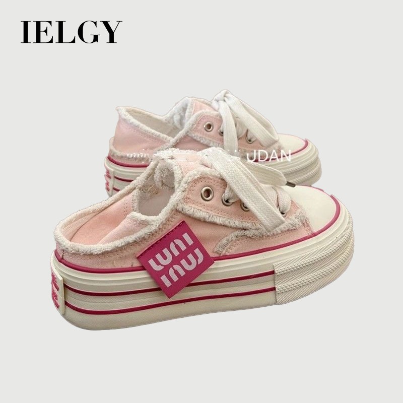 IELGY สีชมพูพู่ขอบดิบแพลตฟอร์มรองเท้าผ้าใบผู้หญิงฤดูร้อน 2025 ใหม่สองสวมรองเท้ากระดานอเนกประสงค์