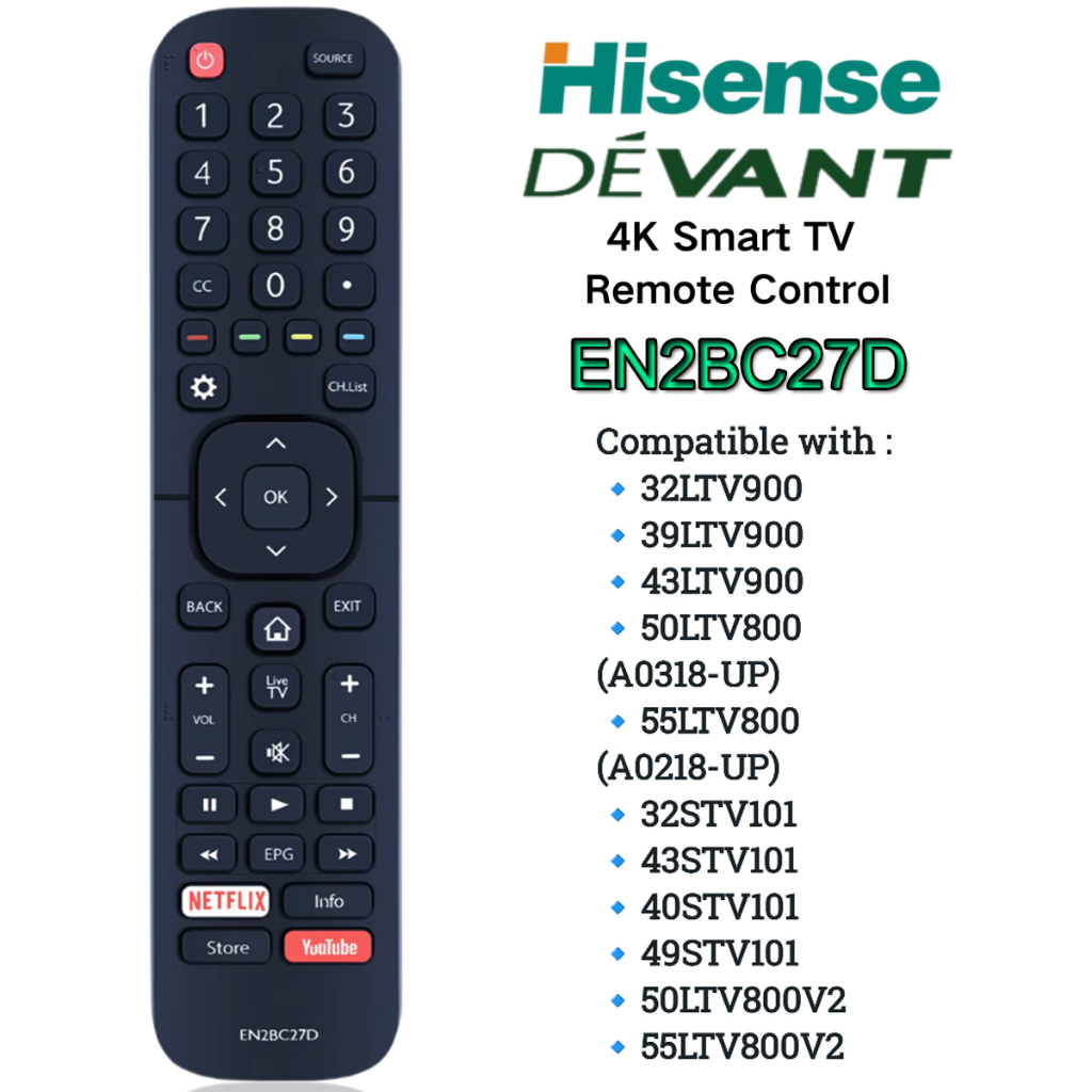 สําหรับ Devant Hisense สมาร์ททีวีรีโมทคอนโทรล, Original EN2BD27H EN2BC27 EN2BC27D สําหรับทุก Devant 