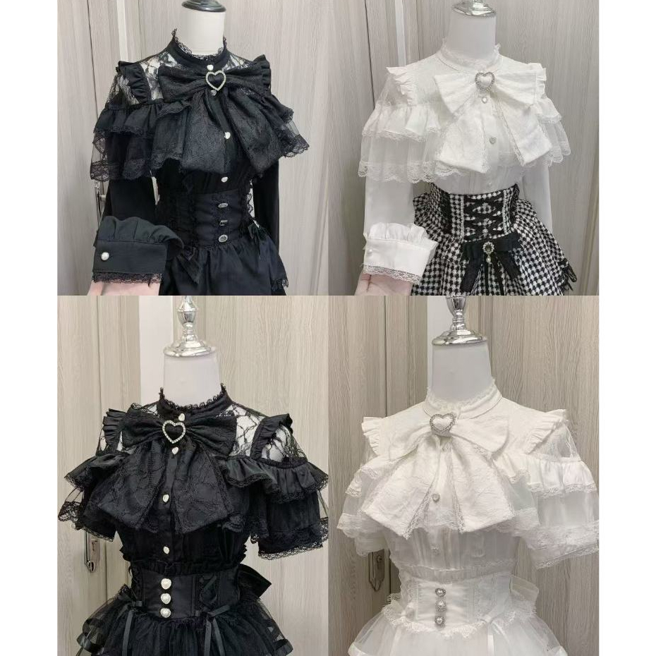 ญี่ปุ่น Lolita Bow เสื้อวัฒนธรรมย่อยน่ารักสีทึบลูกไม้แขนยาวแขนสั้นเสื้อ Landmine สไตล์ Jirai Kei