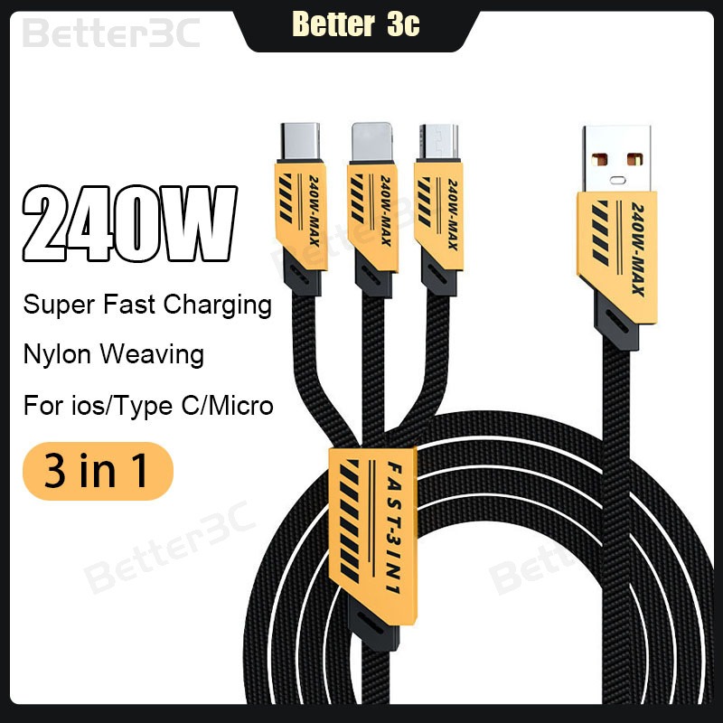 3 in 1 Cyber Mech Wind Nylon Weave Flat usb to Type C cable 240W Super Fast สายชาร์จข้อมูล การชาร์จพร้อมกันและส่ง Type C สายชาร์จสําหรับ ios/Type C/Micro