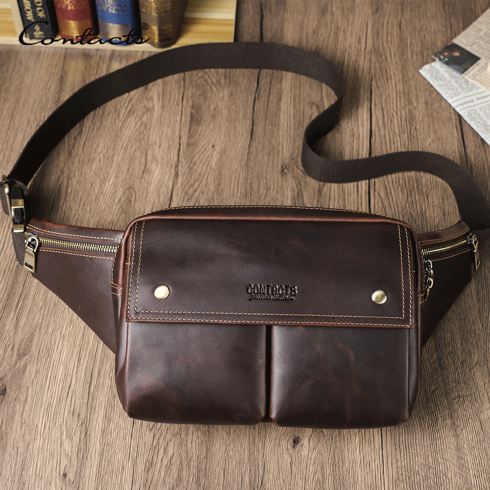 CONTACT'S ของแท้หนังผู้ชายเอวกระเป๋า Full Grain หนังชายเอวแพ็ค Crossbody กระเป๋า Fanny Bump กระเป๋าสําหรับ 8.3 "Pad