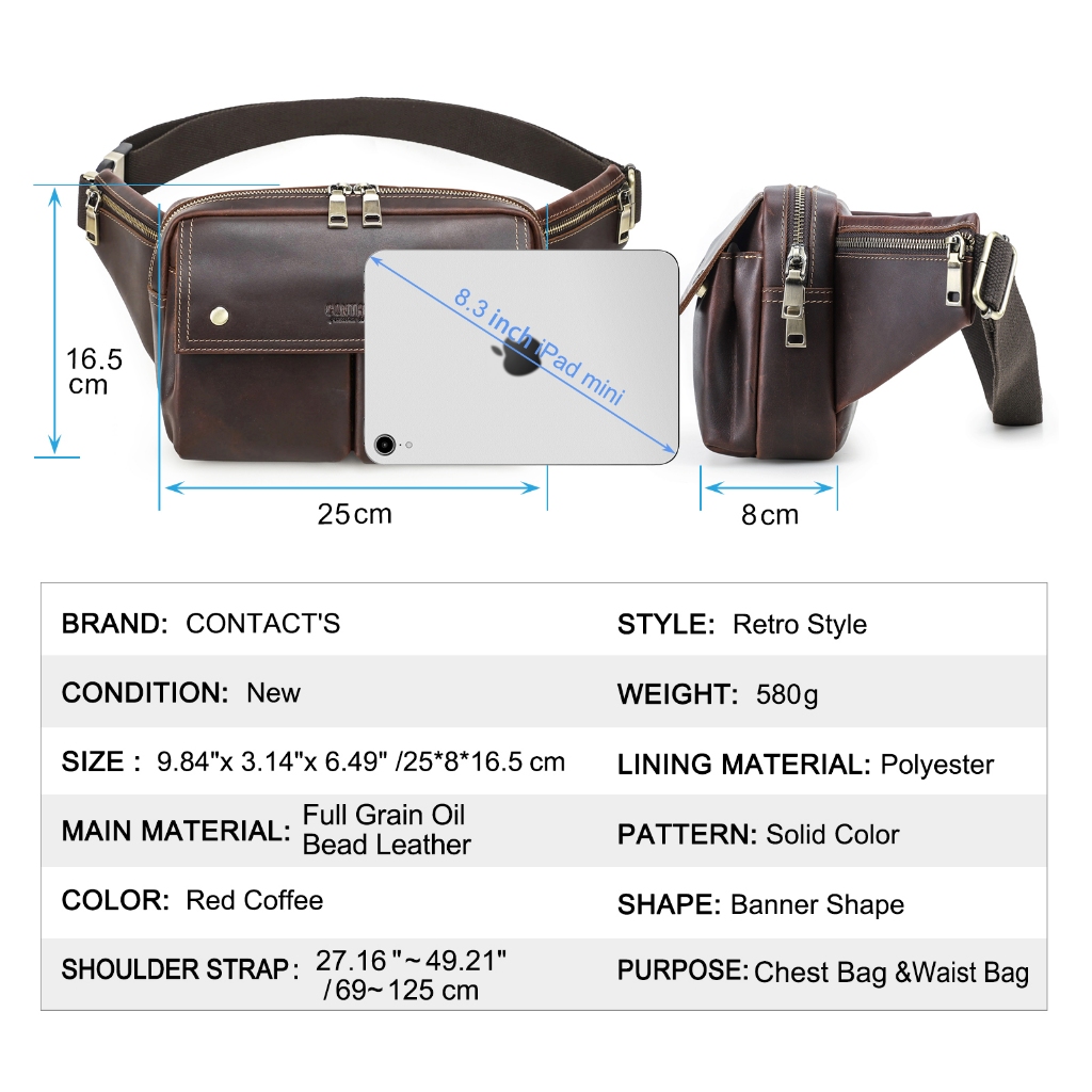 CONTACT'S ของแท้หนังผู้ชายเอวกระเป๋า Full Grain หนังชายเอวแพ็ค Crossbody กระเป๋า Fanny Bump กระเป๋าสําหรับ 8.3 "Pad