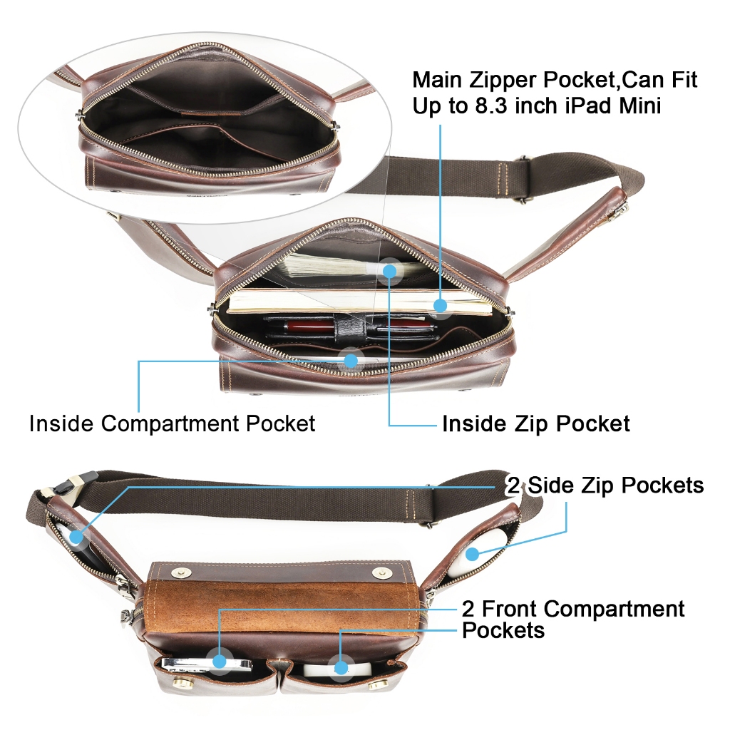 CONTACT'S ของแท้หนังผู้ชายเอวกระเป๋า Full Grain หนังชายเอวแพ็ค Crossbody กระเป๋า Fanny Bump กระเป๋าสําหรับ 8.3 "Pad