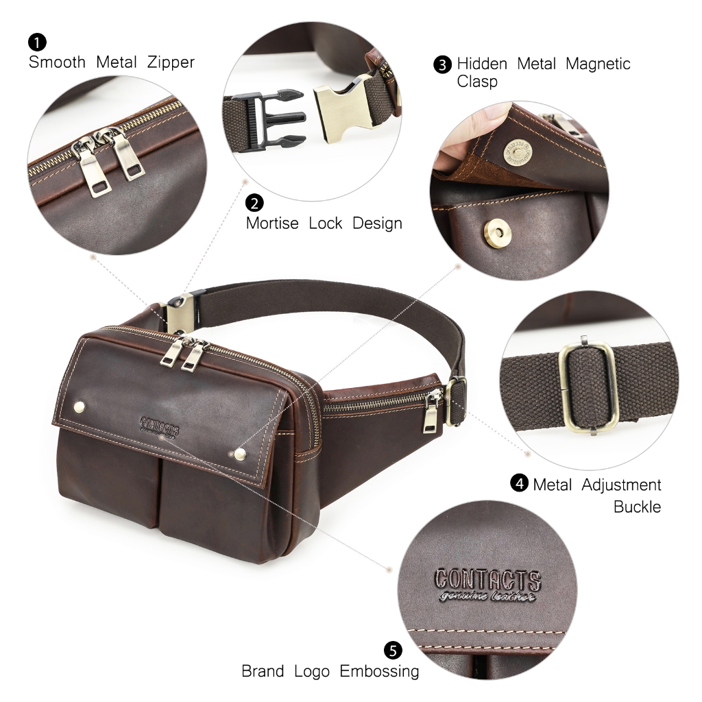 CONTACT'S ของแท้หนังผู้ชายเอวกระเป๋า Full Grain หนังชายเอวแพ็ค Crossbody กระเป๋า Fanny Bump กระเป๋าสําหรับ 8.3 "Pad