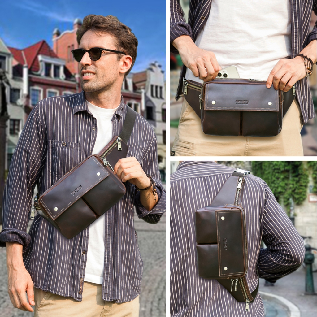 CONTACT'S ของแท้หนังผู้ชายเอวกระเป๋า Full Grain หนังชายเอวแพ็ค Crossbody กระเป๋า Fanny Bump กระเป๋าสําหรับ 8.3 "Pad