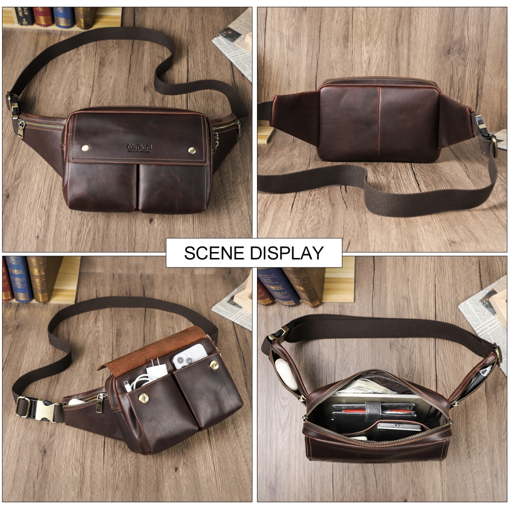 CONTACT'S ของแท้หนังผู้ชายเอวกระเป๋า Full Grain หนังชายเอวแพ็ค Crossbody กระเป๋า Fanny Bump กระเป๋าสําหรับ 8.3 "Pad