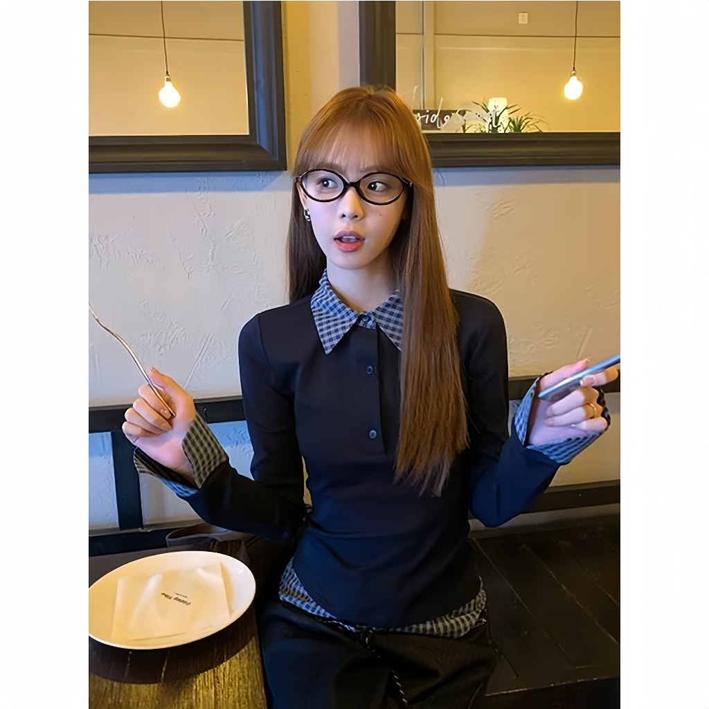 【BANKO】เวอร์ชั่นเกาหลีฤดูใบไม้ผลิผู้หญิงสลิมฟิตตรวจสอบลายสก๊อตโปโลปกปลอมสองชิ้นแขนยาวt
