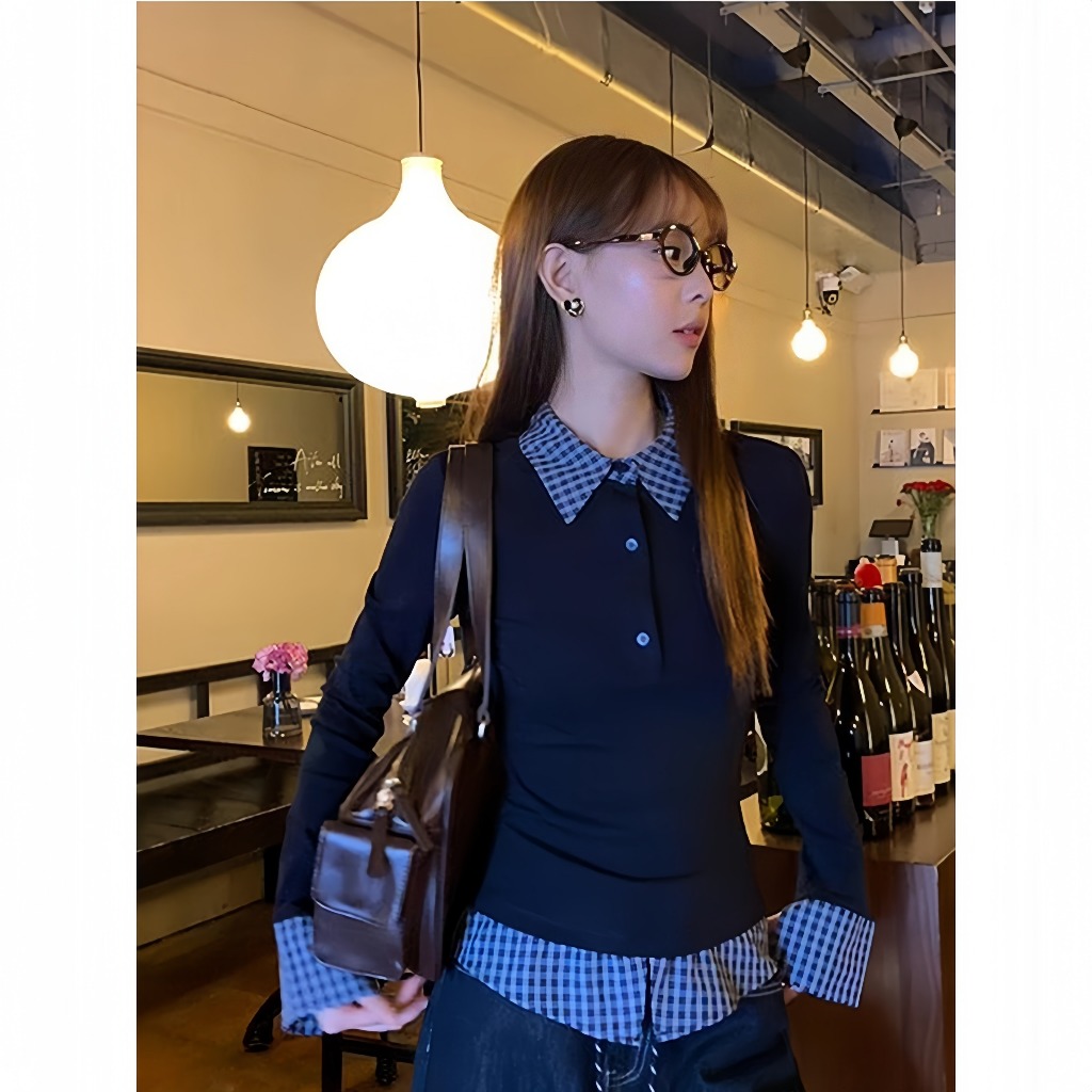 【BANKO】เวอร์ชั่นเกาหลีฤดูใบไม้ผลิผู้หญิงสลิมฟิตตรวจสอบลายสก๊อตโปโลปกปลอมสองชิ้นแขนยาวt