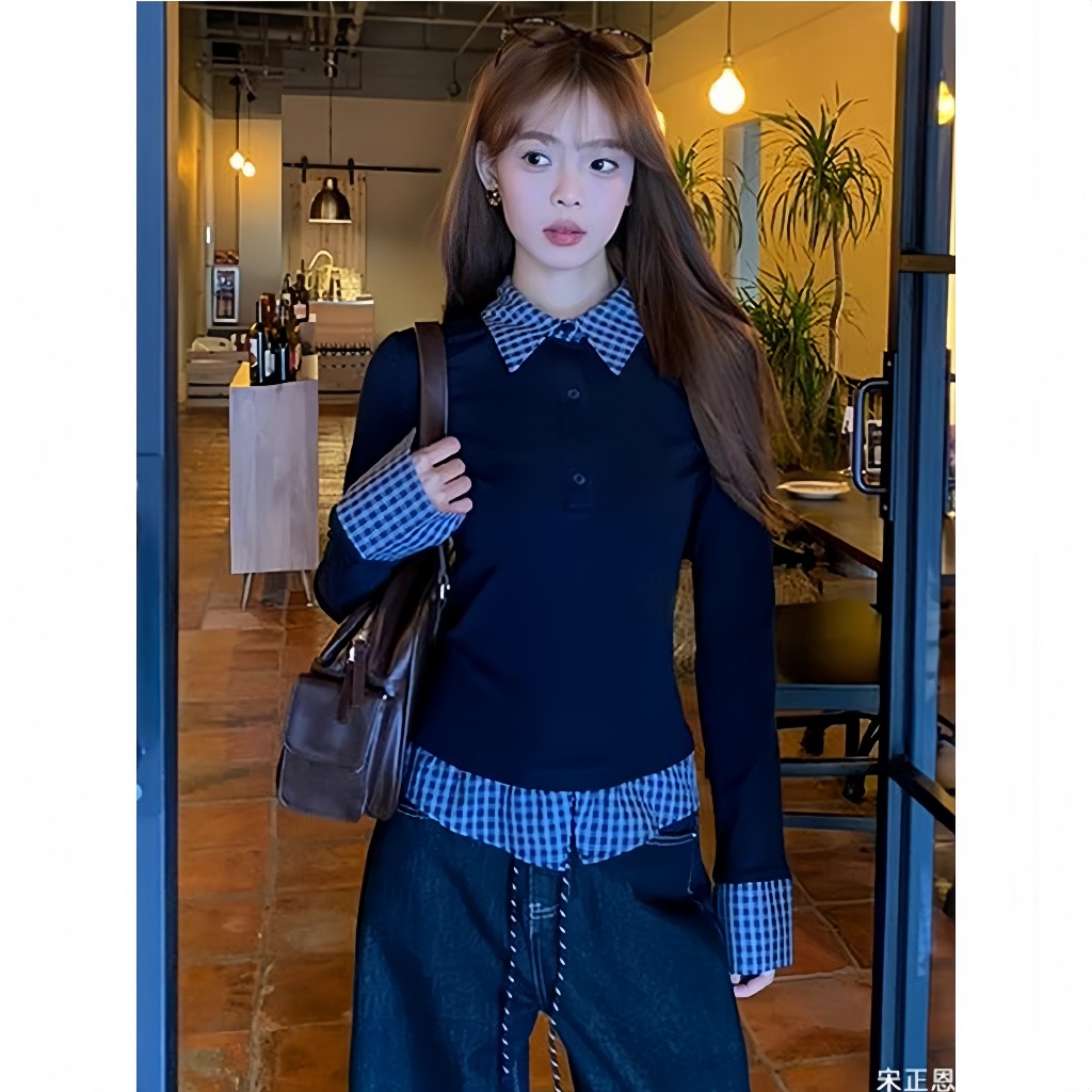 【BANKO】เวอร์ชั่นเกาหลีฤดูใบไม้ผลิผู้หญิงสลิมฟิตตรวจสอบลายสก๊อตโปโลปกปลอมสองชิ้นแขนยาวt