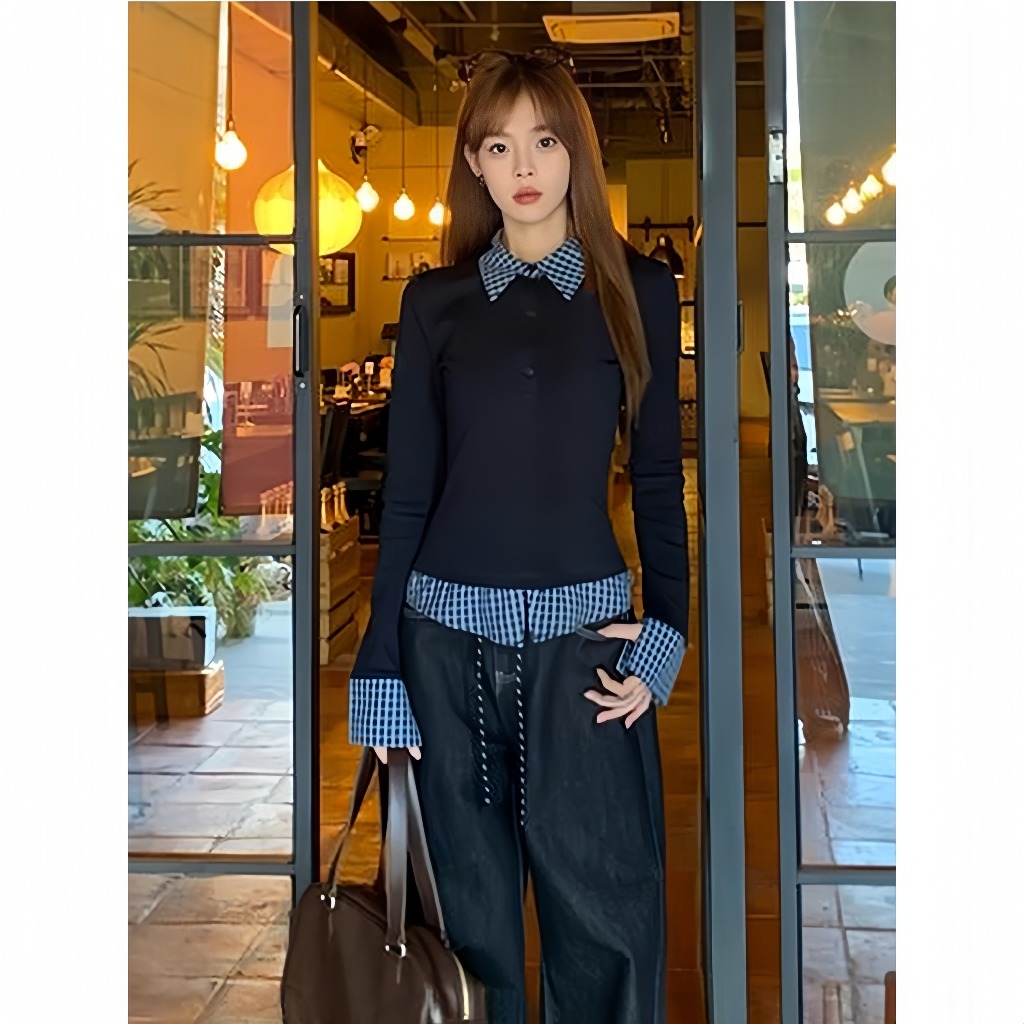 【BANKO】เวอร์ชั่นเกาหลีฤดูใบไม้ผลิผู้หญิงสลิมฟิตตรวจสอบลายสก๊อตโปโลปกปลอมสองชิ้นแขนยาวt
