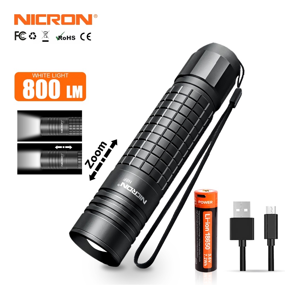 Nicron ไฟฉาย LED N8F 800LM 365M ระยะลําแสง 33750cd Focus Zoomable ไฟฉาย IP65 ไฟฉาย LED กันน้ําสําหรั