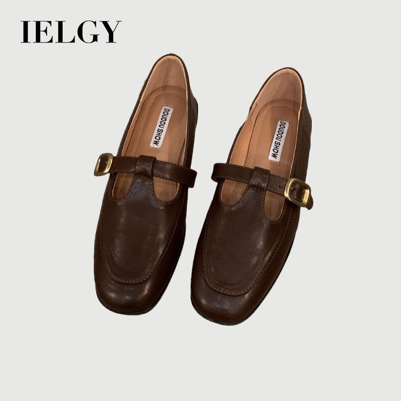 IELGY สไตล์อังกฤษแบนสแควร์หนังศีรษะรองเท้าผู้หญิง2025สีดํารองเท้าเดียวฝรั่งเศสแมรี่เจนรองเท้า