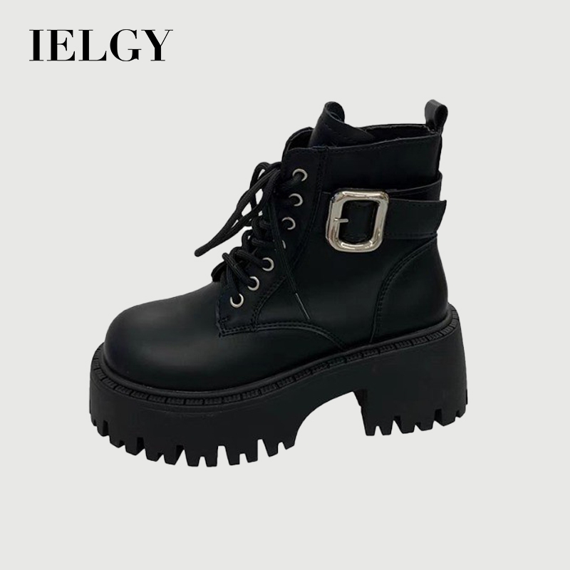 IELGY รองเท้าบู๊ทมาร์ตินสไตล์อังกฤษพื้นหนาสําหรับผู้หญิงรองเท้าบูทหุ้มข้อส้นสูง