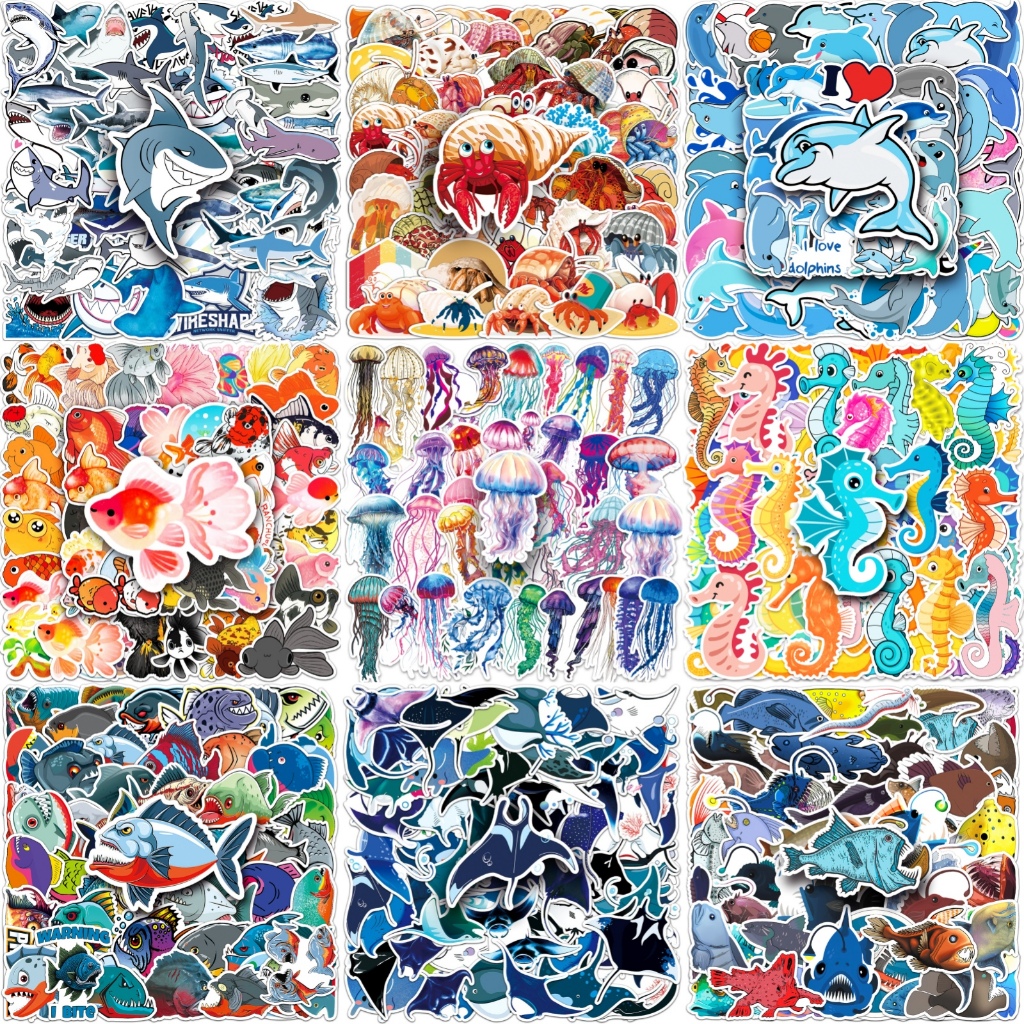 50 ชิ้นตลกน่ารักปลา Dolphin Shark หลากหลายสัตว์ทะเลสติกเกอร์สําหรับเคสโทรศัพท์สเก็ตบอร์ดรถสติกเกอร์ Graffiti กันน้ํา Creative เด็ก DIY