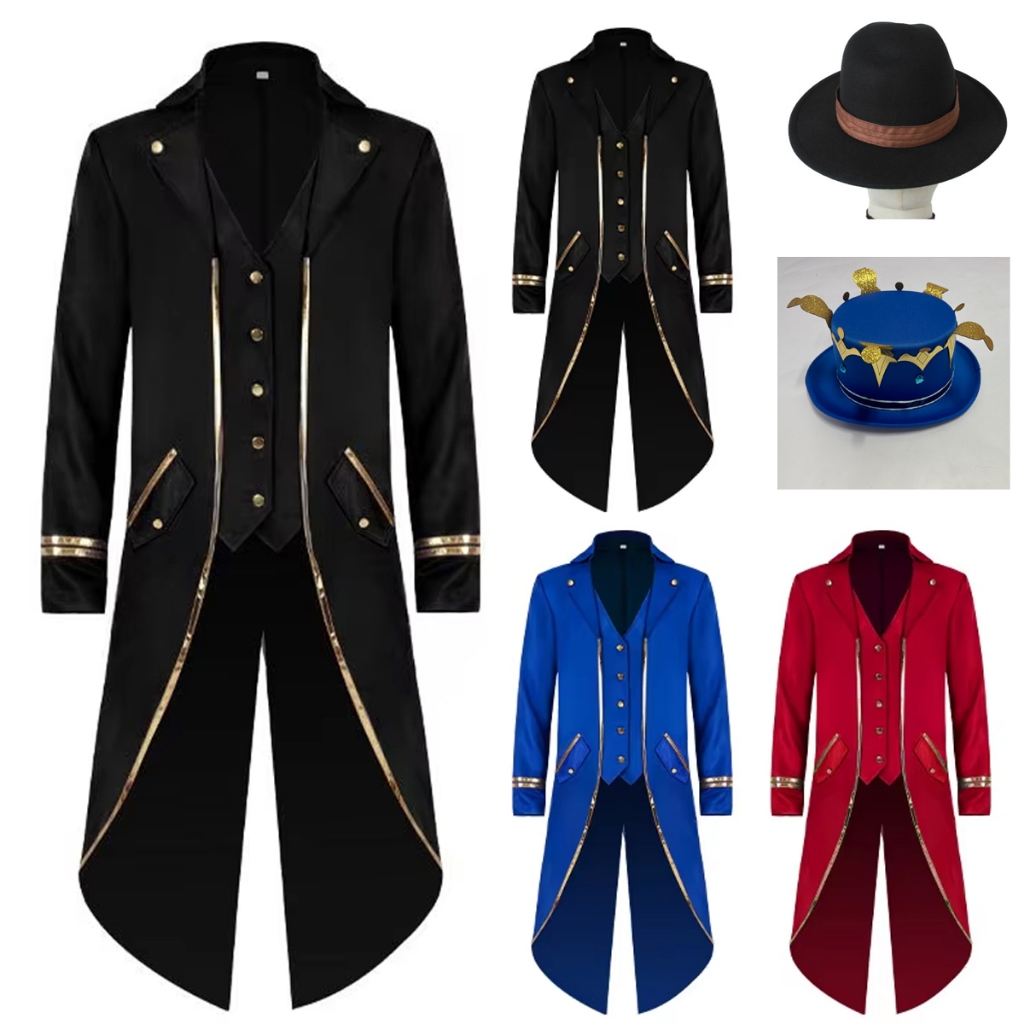 Gothic Steampunk Vintage ยุคกลางแวมไพร์ Devil Red Coat Trench คอสเพลย์เครื่องแต่งกาย Victorian Court Nobles Tailcoat Overcoat S-3XL หมวก