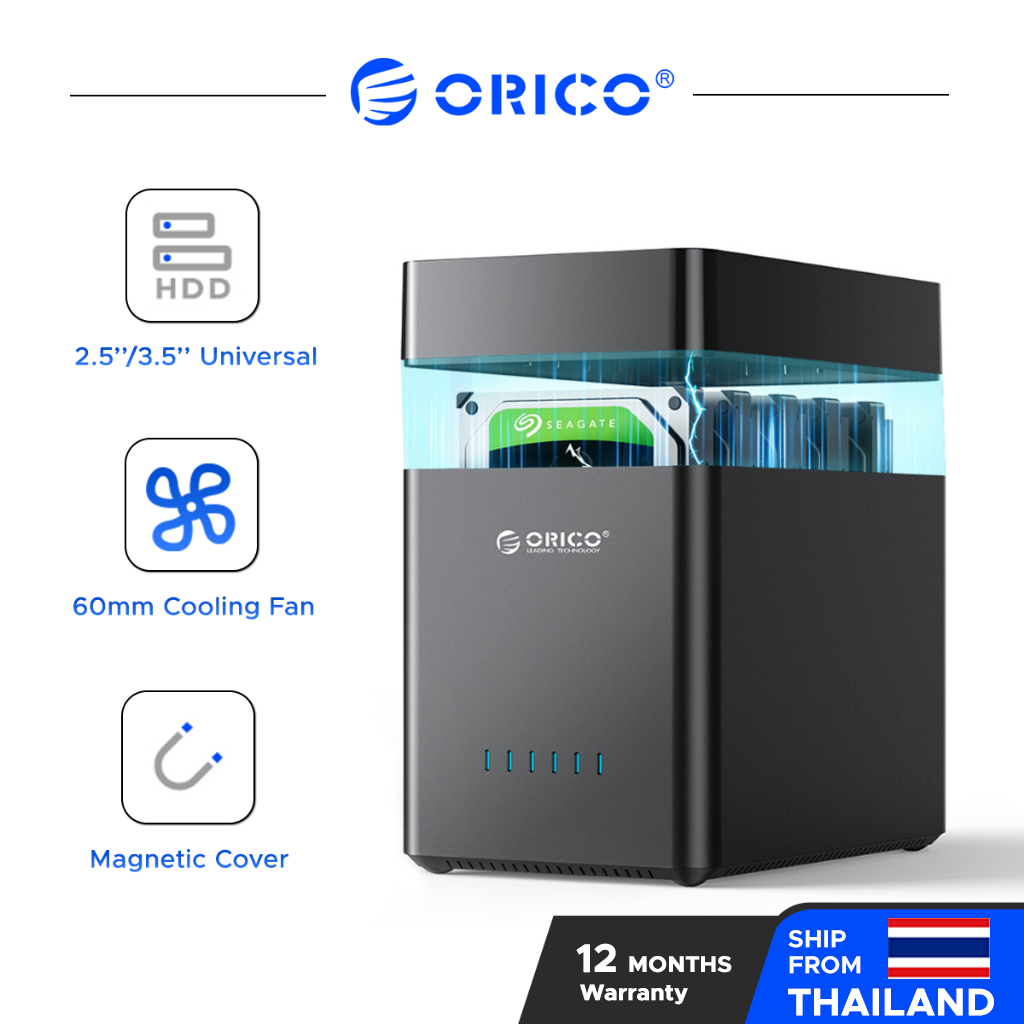 ORICO กล่องใส่ฮาร์ดดิสก์ 5 ช่อง Magnetic Type-C ขนาด 3.5 นิ้ว พร้อมพัดลมในตัว 12V6.5A Power Supply (DS500)