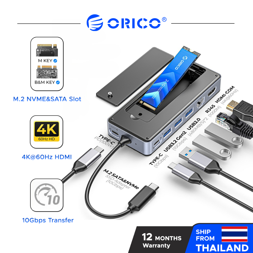 ORICO USB C Hub พร้อมพัดลมระบายความร้อน M.2 NVMe SATA SSD เคส 10Gbps 4K HDMI Extension Dock (OM28P)