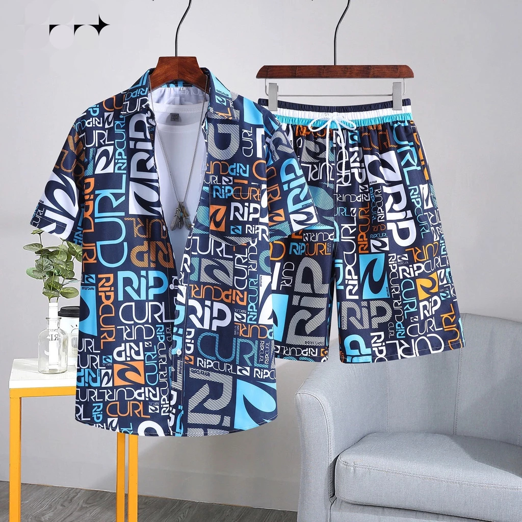 2088#เสื้อเชิ้ตเป็นชุดแบบใหม่ล่าสุดฮาวายลายช้าง เสื้อ + กางเกง