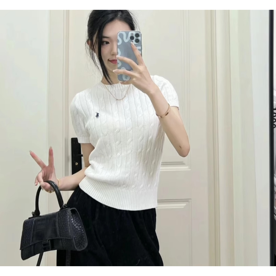 Xiaoma1 ปัก Pony Twist แขนสั้นเสื้อกันหนาวผู้หญิงรอบคอเสื้อยืด Preppy สไตล์ Twisted ดอกไม้ Slim-Fit Bottoming Top JZZ การจับคู่สไตล์