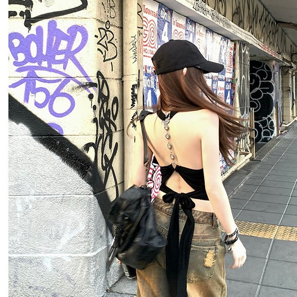 American Hot Girl Halter Neck Strap Design Sexy Halter Strap Slim-fit Sleeve Pure Desire Hot Girl Slim-fit Short Top