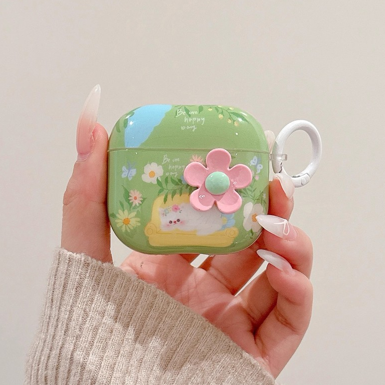 3ง ดอกไม้แมวน่ารักป้องกันกรณีสําหรับ แอร์พอด 1 2 3 4 2024 ปีใหม่ มือโปร 2 บลูทูธไร้สายหูฟังฮาร์ดซิลิโคนปก